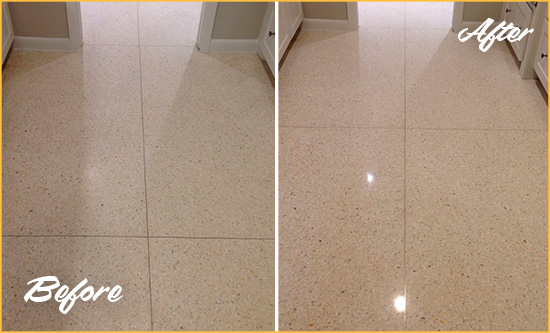 Before and After Picture of a Dull Napa Granite Floor Honed to Recover Its Sheen