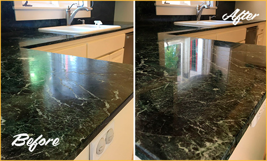 Before and After Picture of a Napa Marble Kitchen Countertop Honed to Remove Water Marks