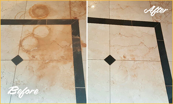 Before and After Picture of a Napa Marble Floor Honed to Remove Rust Stains