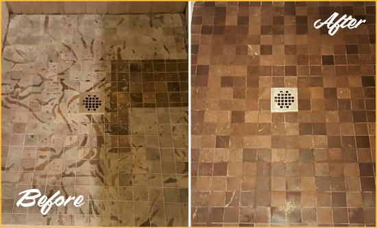 Before and After Picture of a Napa Marble Shower Honed to Remove Etching