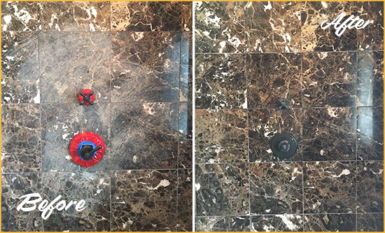 Before and After Picture of a Napa Marble Shower Honed to Remove Scratches
