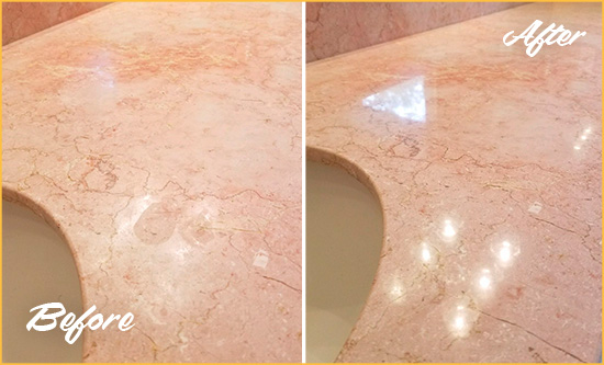 Before and After Picture of a Napa Marble Vanity Top Honed to Eliminate Water Spots
