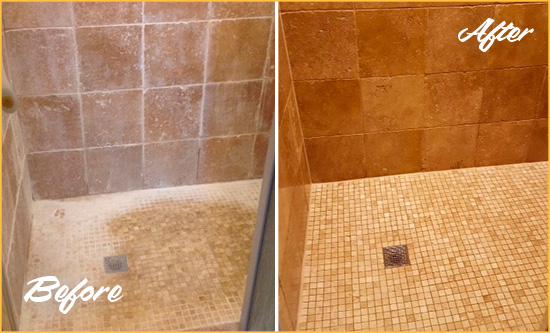 Before and After Picture of a Napa Travertine Shower Honed to Remove Mineral Deposits