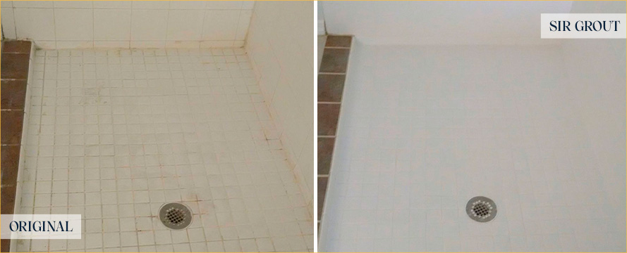 Shower Floor Before and After Windsor Tile and Grout Cleaners Transformed It