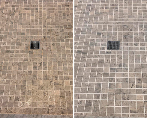 Shower Floor Before and After Our Grout Cleaning Service