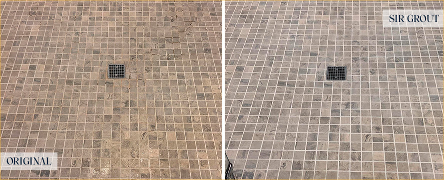 Shower Floor Before and After Our Grout Cleaning Service
