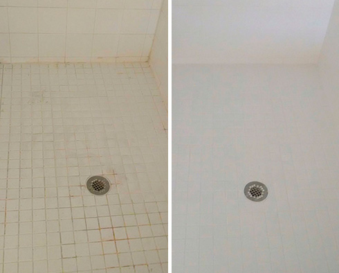 Shower Floor Before and After Our Windsor Tile and Grout Cleaners Work