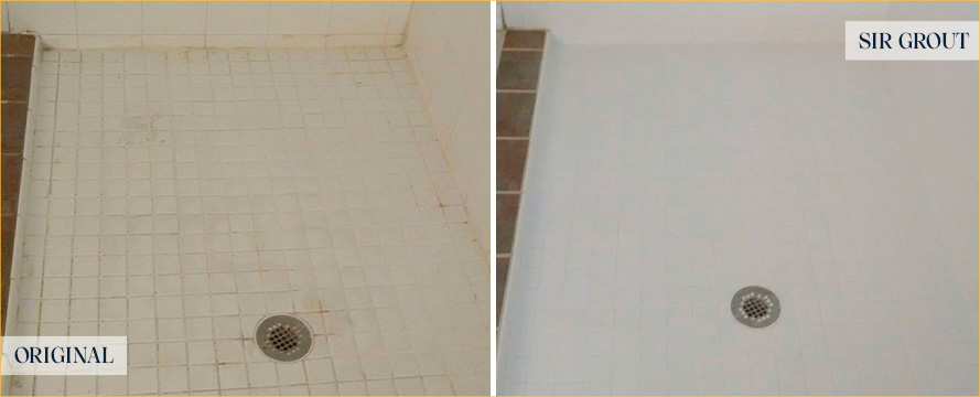 Shower Floor Before and After Our Windsor Tile and Grout Cleaners Work