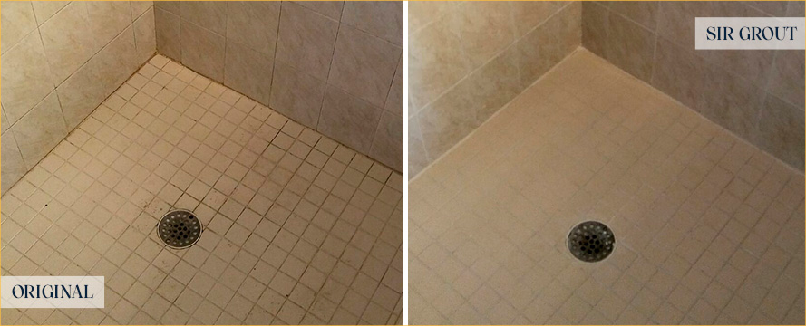 Shower Floor Before and After Our Santa Rosa Grout Cleaning