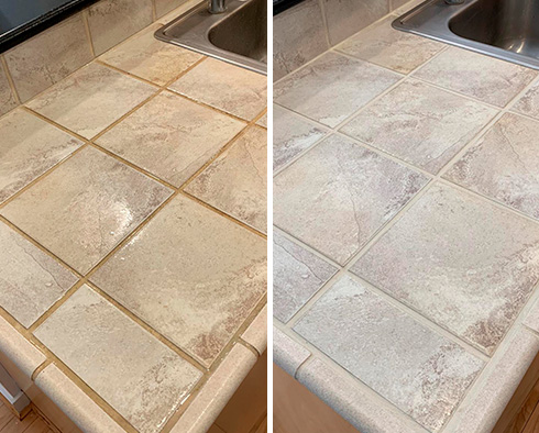 Kitchen Tile Countertop Before and After Our Cliverdale Tile and Grout Cleaners Work