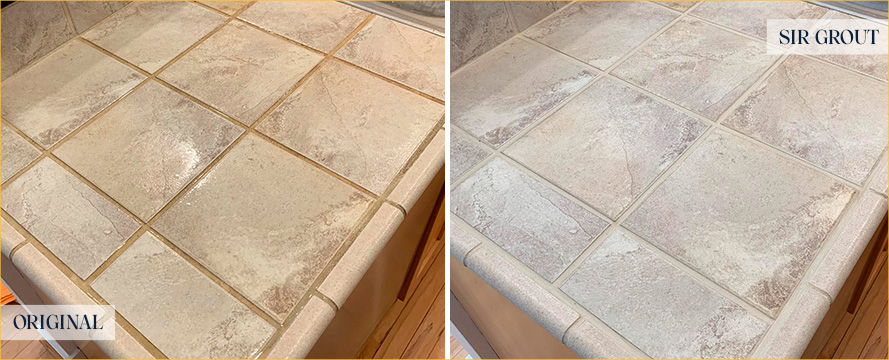 Kitchen Tile Countertop Before and After Our Cloverdale Tile and Grout Cleaners Work